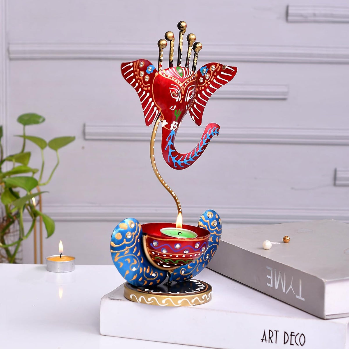 Red Metal Ganesh Hand Painted Tealight Candle Holder