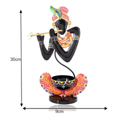 Black Metal Murli Krishna T-Lite Hand Painted For Table Top Decorative Showpiece For Home