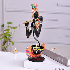 Black Metal Murli Krishna T-Lite Hand Painted For Table Top Decorative Showpiece For Home
