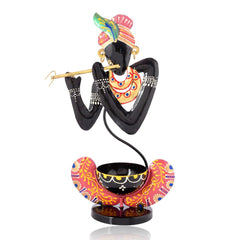 Black Metal Murli Krishna T-Lite Hand Painted For Table Top Decorative Showpiece For Home