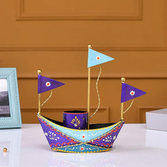 Blue Metal Boat Pen Stand Nautical_Inspired Desk Organizer For Pens And Pencils Decorative Office Accessory