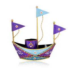 Blue Metal Boat Pen Stand Nautical_Inspired Desk Organizer For Pens And Pencils Decorative Office Accessory