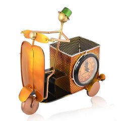 Yellow Metal Scooter Pen Stand With Clock Nautical_Inspired Desk Organizer For Pens And Pencils Decorative Office Accessory