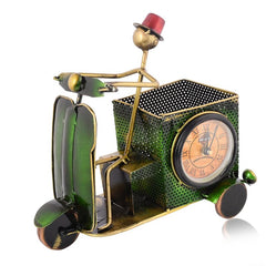 Green Metal Green Scooter Pen Stand With Clock Nautical_Inspired Desk Organizer For Pens And Pencils Decorative Office Accessory