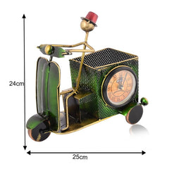 Green Metal Green Scooter Pen Stand With Clock Nautical_Inspired Desk Organizer For Pens And Pencils Decorative Office Accessory