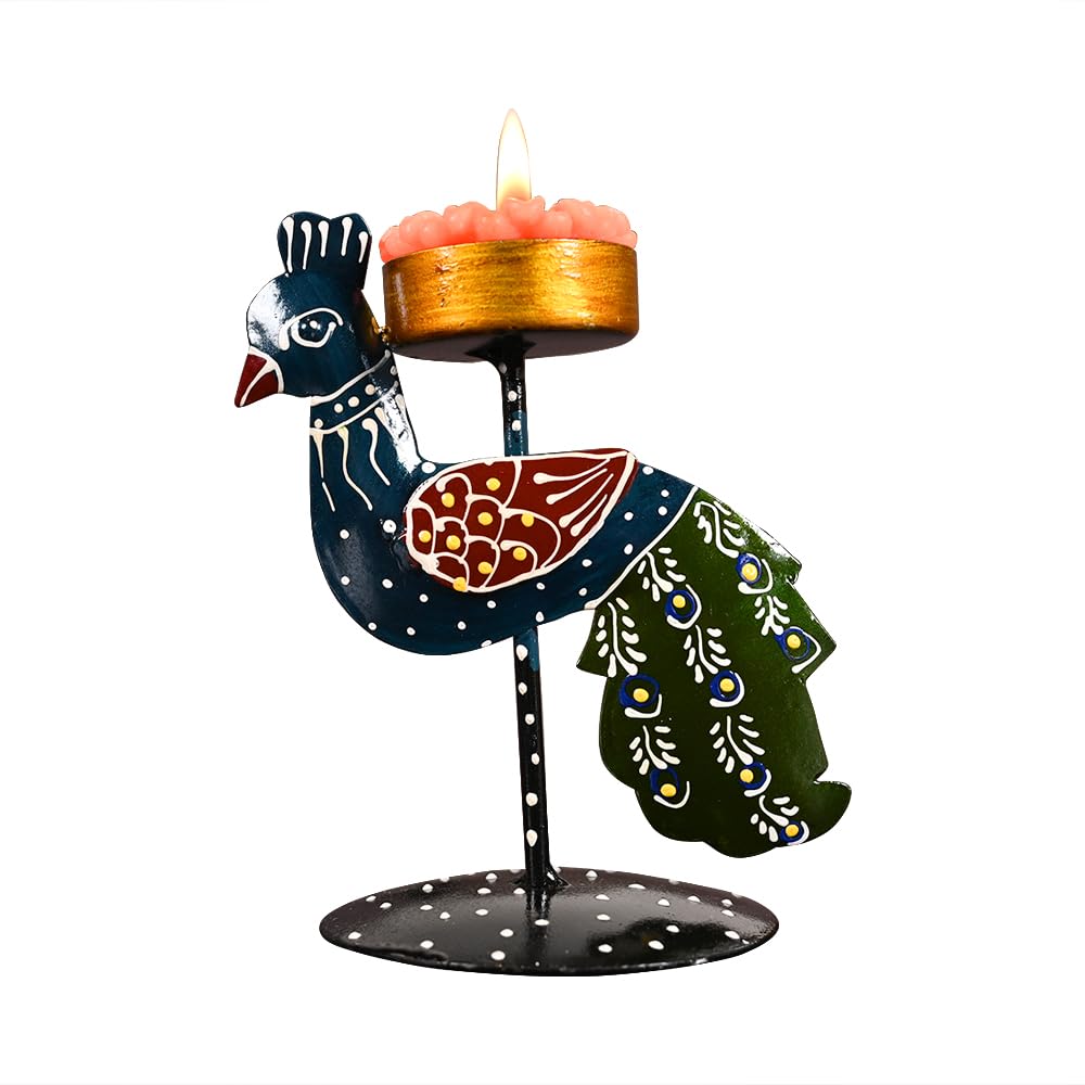 Purple Metal Peacock Hand Painted Tealight Candle Holder For Living Room Decorative Showpiece For Home Decor, Best Diwali Gift|Office|Gift Item