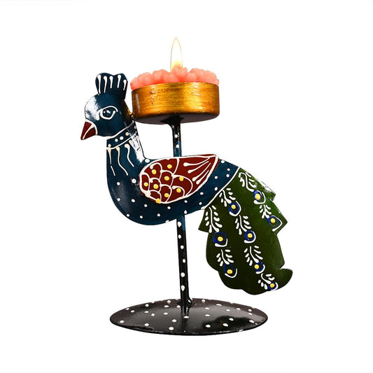Purple Metal Peacock Hand Painted Tealight Candle Holder For Living Room Decorative Showpiece For Home Decor, Best Diwali Gift|Office|Gift Item