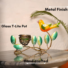 Metal Leaf Bird Hand Painted Tealight Candle Holder For Living Room Decorative Showpiece For Home Decor