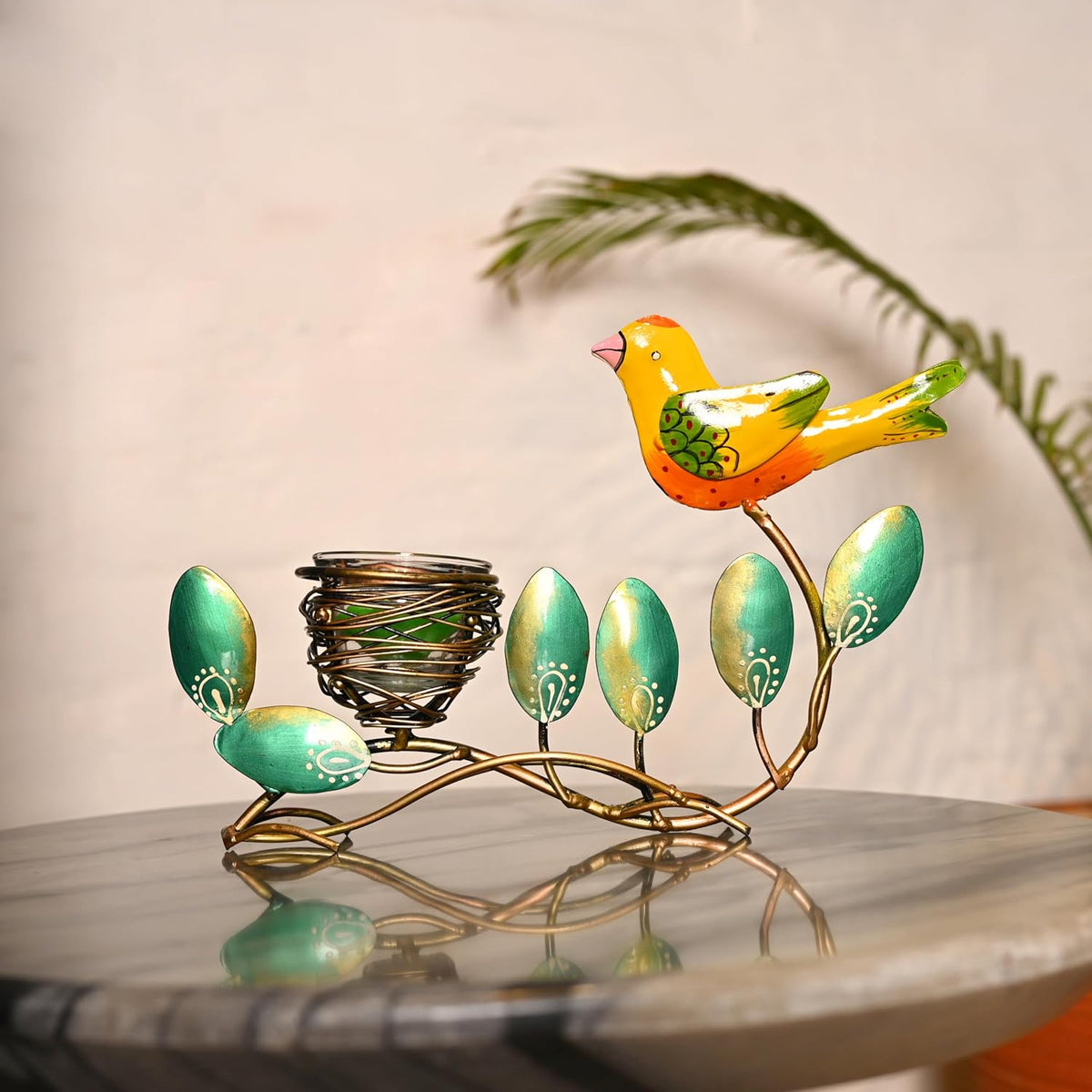 Metal Leaf Bird Hand Painted Tealight Candle Holder For Living Room Decorative Showpiece For Home Decor