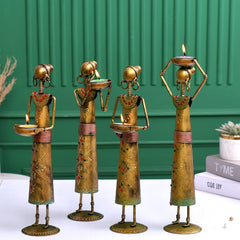 Antique Metal Set of 4 Tajasthani Tribal Labour Ladies Hand-Painted T-Light Holder Cum Showpiece