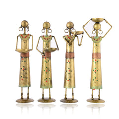 Antique Metal Set of 4 Tajasthani Tribal Labour Ladies Hand-Painted T-Light Holder Cum Showpiece