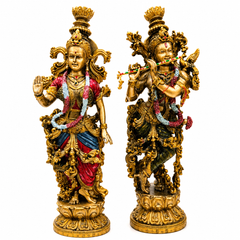 Radha Krishna Resin Idol, Antique Golden Hand Painted Marble Finish Divine Couple Statue Decor