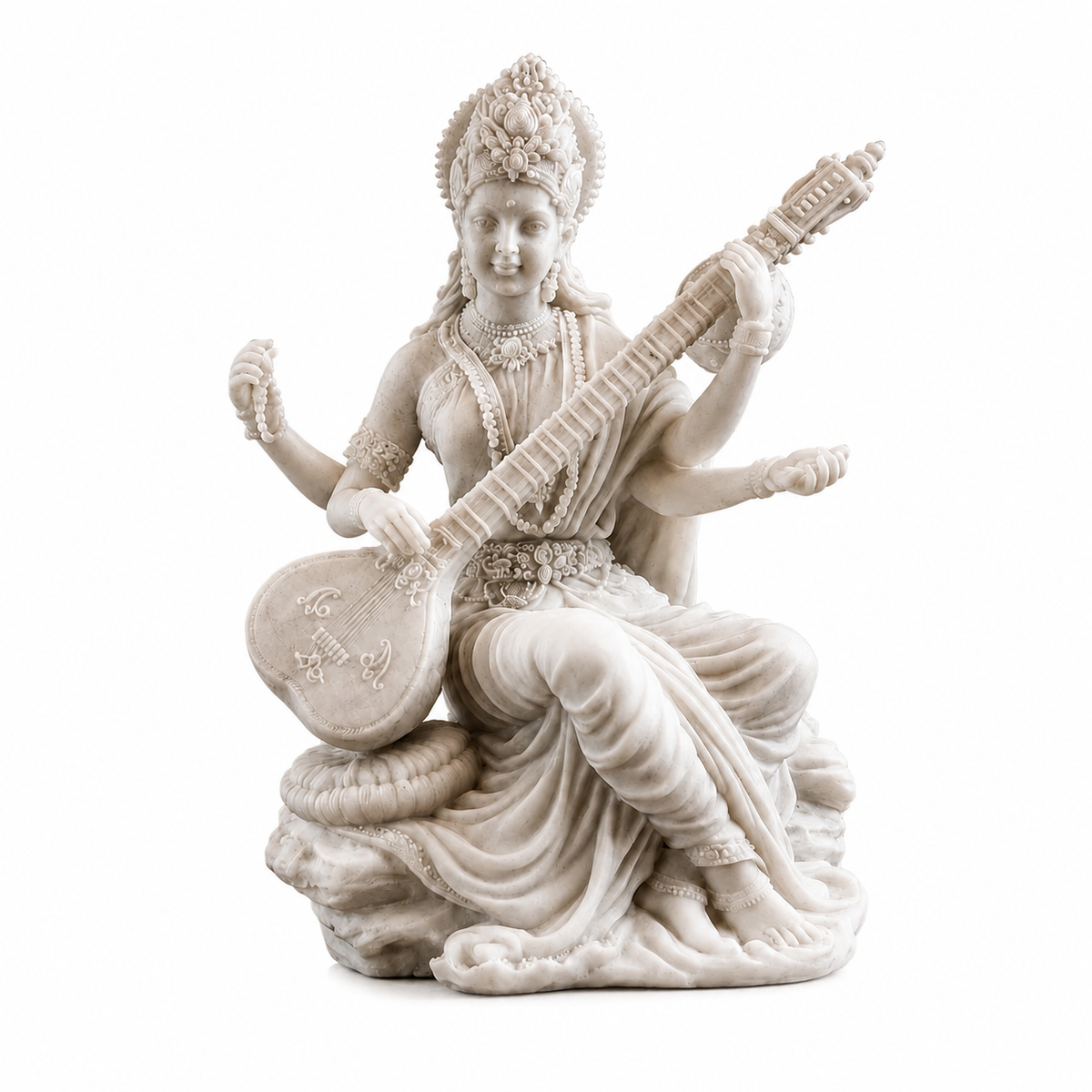 Saraswati Statue Marble Finish with Veena | Goddess of Knowledge Murti | Study Desk Decor