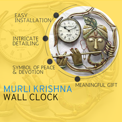 Golden Metal Krishna Wall Clock - Decorative Home & Office Clock For Gifting