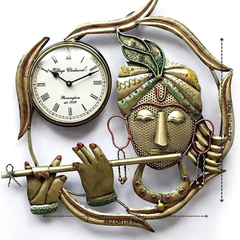 Golden Metal Krishna Wall Clock - Decorative Home & Office Clock For Gifting