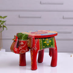 Wooden Hand Crafted Emboss Colorful Painted Elephant Shape Stool