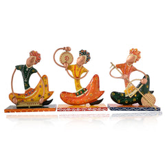 Indian Musician Figurine Set of 3, Cast Iron Folk Art Statue, Tribal Musician Decor, Boho Shelf Accent, Ethnic Home Decor, Housewarming Gift