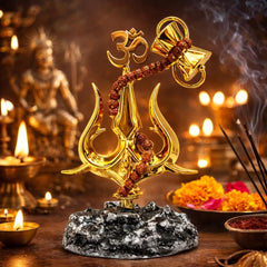 Golden Trishul Om Damru Idol, Shiva Hindu Symbol, Sacred Trident Figurine, Spiritual Decor, Mahadev Gift