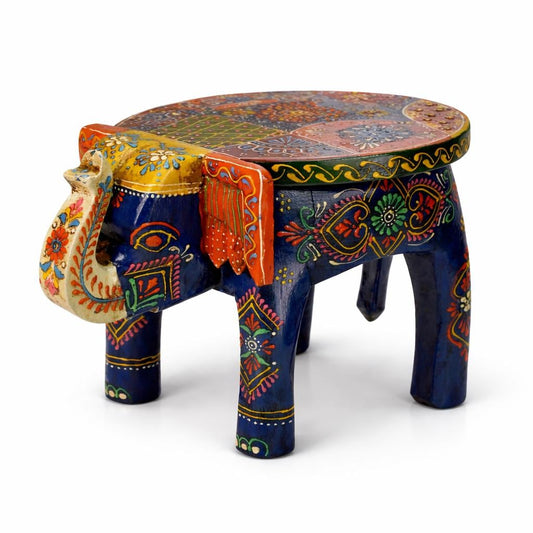 Hand Painted Elephant Side Table, Carved Wooden Boho Decor, Rajasthani Folk Art Plant Stand, Indian Accent Table, Blue
