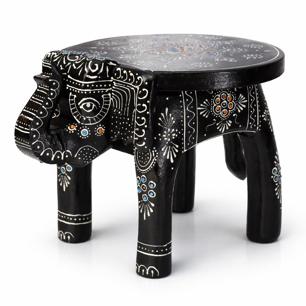 Hand Painted Elephant Side Table, Carved Wooden Boho Decor, Rajasthani Folk Art Plant Stand, Indian Accent Table, Black