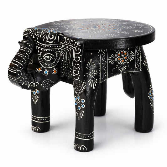 Hand Painted Elephant Side Table, Carved Wooden Boho Decor, Rajasthani Folk Art Plant Stand, Indian Accent Table, Black