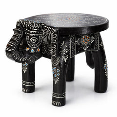 Hand Painted Elephant Side Table, Carved Wooden Boho Decor, Rajasthani Folk Art Plant Stand, Indian Accent Table, Black