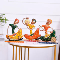 Indian Musician Figurine Set of 3, Cast Iron Folk Art Statue, Tribal Musician Decor, Boho Shelf Accent, Ethnic Home Decor, Housewarming Gift