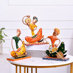 Indian Musician Figurine Set of 3, Cast Iron Folk Art Statue, Tribal Musician Decor, Boho Shelf Accent, Ethnic Home Decor, Housewarming Gift