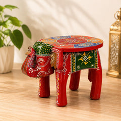Hand Painted Elephant Side Table, Carved Wooden Boho Decor, Rajasthani Folk Art Plant Stand, Indian Accent Table, Blue