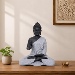Buddha Statue 15 Inch, Abhaya Mudra Zen Sculpture, Resin Meditation Decor, Black Grey Finish, Yoga Room Housewarming Gift