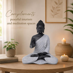 Buddha Statue 15 Inch, Abhaya Mudra Zen Sculpture, Resin Meditation Decor, Black Grey Finish, Yoga Room Housewarming Gift
