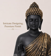 Buddha Statue 15 Inch, Abhaya Mudra Zen Sculpture, Resin Meditation Decor, Black Gold Finish, Yoga Room Housewarming Gift