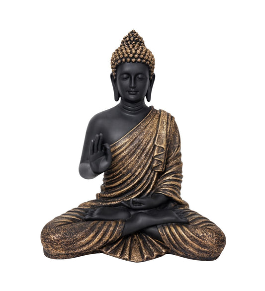 Buddha Statue 15 Inch, Abhaya Mudra Zen Sculpture, Resin Meditation Decor, Black Gold Finish, Yoga Room Housewarming Gift