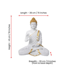 Buddha Statue 15 Inch, Abhaya Mudra Zen Sculpture, Resin Meditation Decor, White Gold Finish, Yoga Room Housewarming Gift