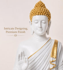 Buddha Statue 15 Inch, Abhaya Mudra Zen Sculpture, Resin Meditation Decor, White Gold Finish, Yoga Room Housewarming Gift