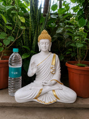 Buddha Statue 15 Inch, Abhaya Mudra Zen Sculpture, Resin Meditation Decor, White Gold Finish, Yoga Room Housewarming Gift