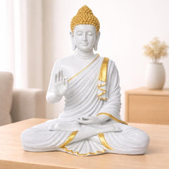 Buddha Statue 15 Inch, Abhaya Mudra Zen Sculpture, Resin Meditation Decor, White Gold Finish, Yoga Room Housewarming Gift