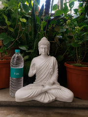 Buddha Statue 15 Inch, Abhaya Mudra Zen Sculpture, Resin Meditation Decor, White Finish, Yoga Room Housewarming Gift