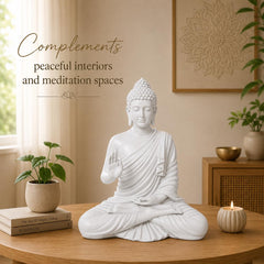 Buddha Statue 15 Inch, Abhaya Mudra Zen Sculpture, Resin Meditation Decor, White Finish, Yoga Room Housewarming Gift