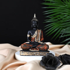 Meditating Thai Buddha Statue, Black Orange Gold Zen Idol, Indian Handcraft Home Decor