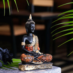 Meditating Thai Buddha Statue, Black Orange Gold Zen Idol, Indian Handcraft Home Decor