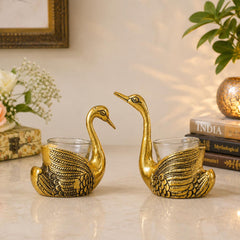 Antique Gold Swan Candle Holders Set, Romantic Aluminum Votive Stand