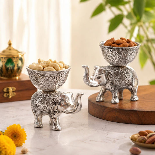 Set of 2 Silver Elephant Bowls, Metal Candy Dish, Indian Royal Decor, Jewelry Tray