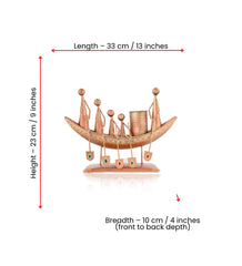 Metal Tribal Family Boat Pen Stand, Indian Folk Art Desk Organizer, Copper-Bronze Tone Sculpture