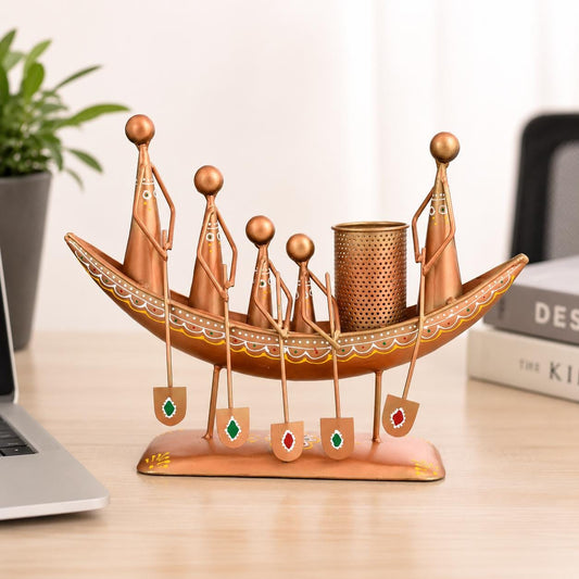 Metal Tribal Family Boat Pen Stand, Indian Folk Art Desk Organizer, Copper-Bronze Tone Sculpture