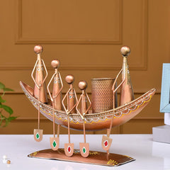 Metal Tribal Family Boat Pen Stand, Indian Folk Art Desk Organizer, Copper-Bronze Tone Sculpture