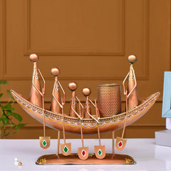 Metal Tribal Family Boat Pen Stand, Indian Folk Art Desk Organizer, Copper-Bronze Tone Sculpture