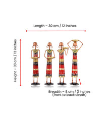 Set of 4 Tribal Women Iron Tealight Holders, Rajasthani Folk Decor, Red Ethnic Figurines