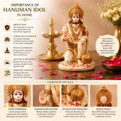 Sitting Hanuman Idol Statue | Ivory Marble Golden Finish Murti | Spiritual Protection Decor