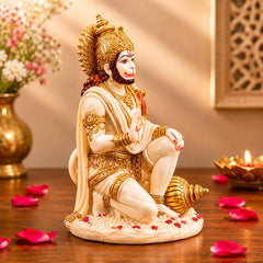 Sitting Hanuman Idol Statue | Ivory Marble Golden Finish Murti | Spiritual Protection Decor